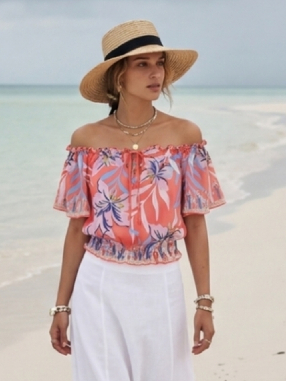 Flying Tomato Electric Coral Floral Off-Shoulder Crop Top